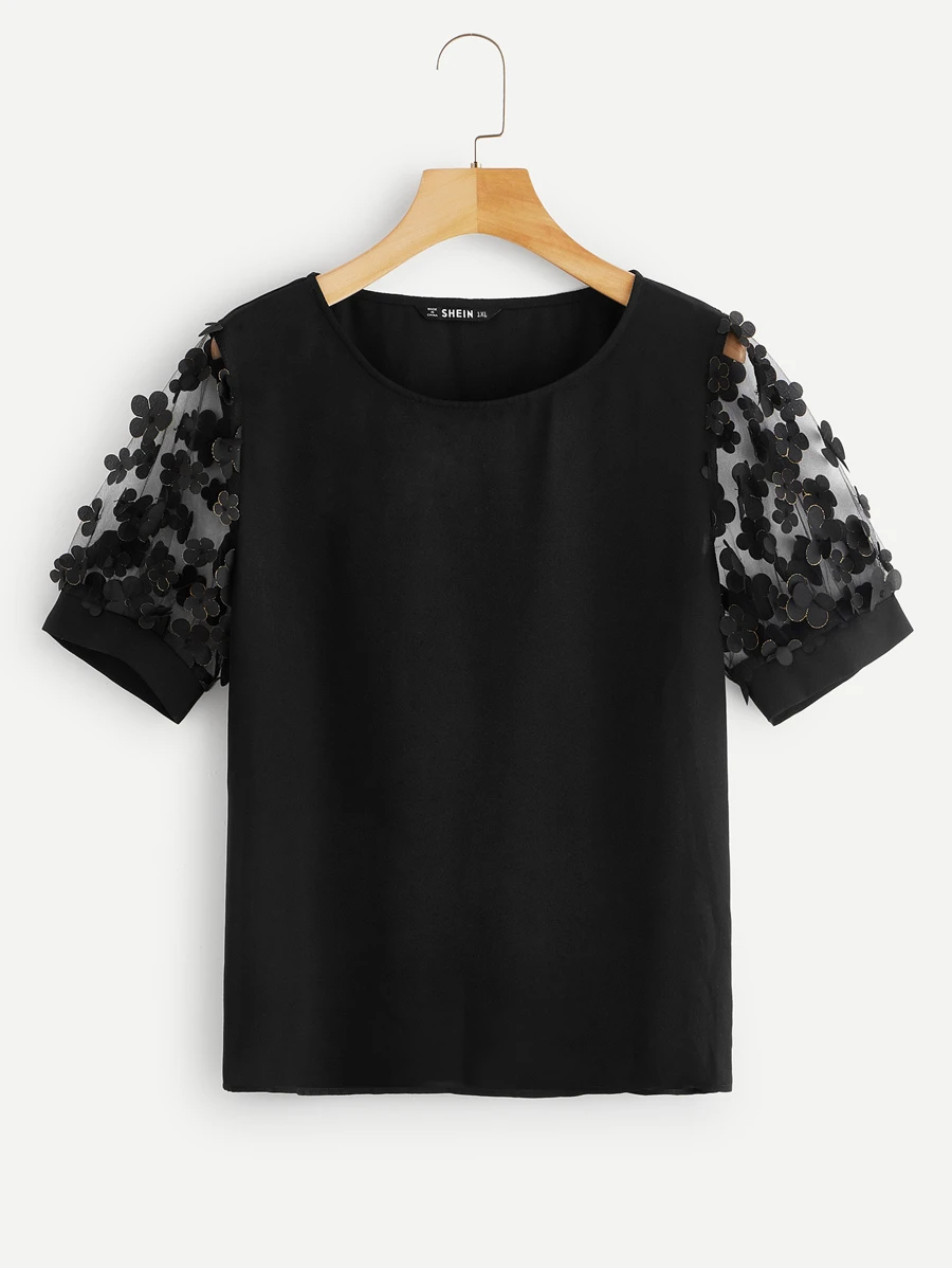 SHEIN Top de manga con malla aplique 3D-grande - Negro - Ver 1