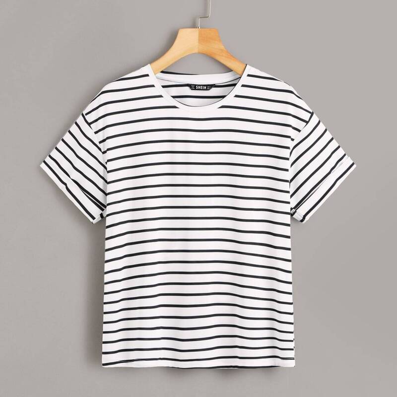 

Drop Shoulder Striped Print Tee, Black and white