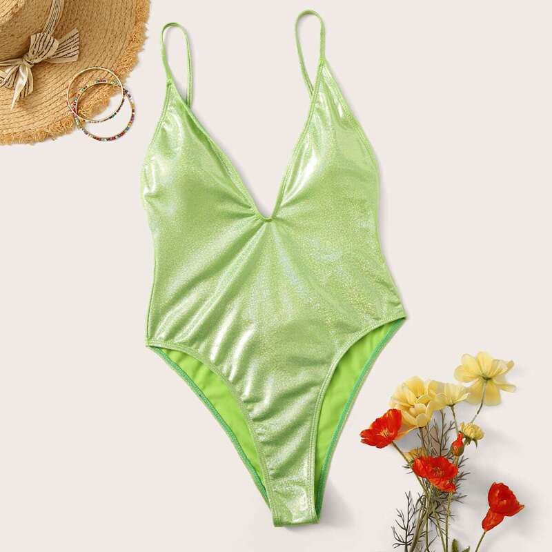 

Thin Strap Backless Sparkle One Piece Swimsuit, Green
