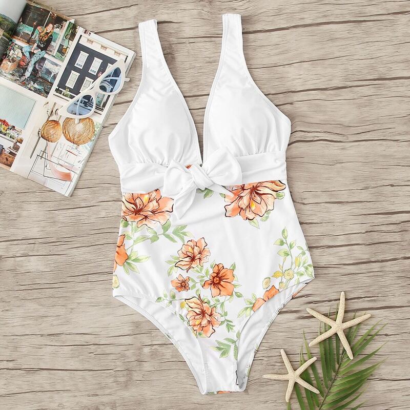 Random Floral Tie Front One Piece Swimsuit, White