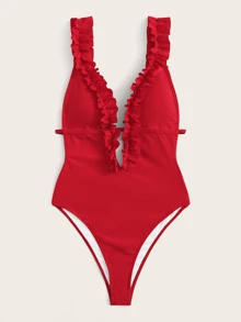 SHEIN Swim Bañador una pieza de espalda abierta con cordón ribete fruncido - Rojo - Ver 3