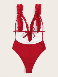 SHEIN Swim Bañador una pieza de espalda abierta con cordón ribete fruncido - Rojo - Ver 2