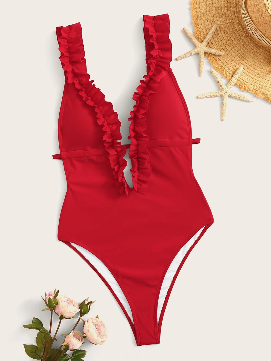 SHEIN Swim Bañador una pieza de espalda abierta con cordón ribete fruncido - Rojo - Ver 1