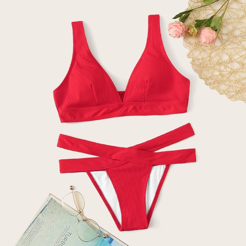 

Textured V-Neck Top With Cut-Out Bikini Set, Red bright