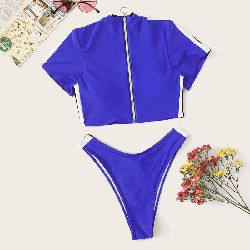 

Zipper Front Top With High-leg Two Piece Swim, Blue bright