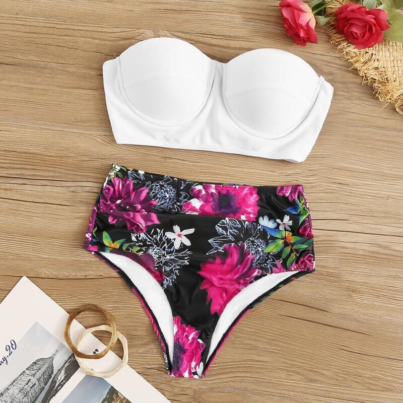 

Bustier Top With Floral Print High Waist Bikini Set, Multicolor