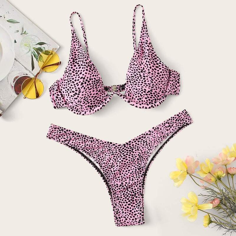 

Dot Print Underwired Top With Hisper Bikini Set, Multicolor
