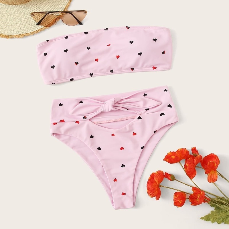 

Random Heart Print Bandeau With Knot Bikini Set, Multicolor