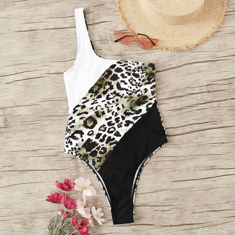 

Leopard Colorblock One Shoulder One Piece Swimsuit, Multicolor