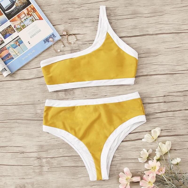 

Contrast Piping One Shoulder Bikini Set, Yellow