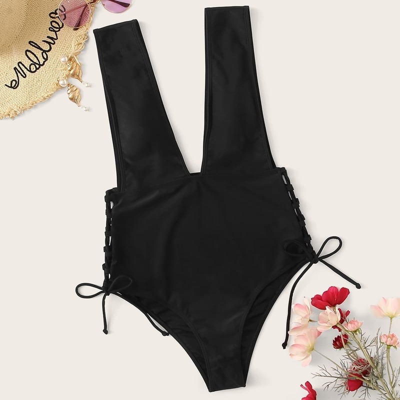 

Lace-up Side Plunging Neck One Piece Swimsuit, Black