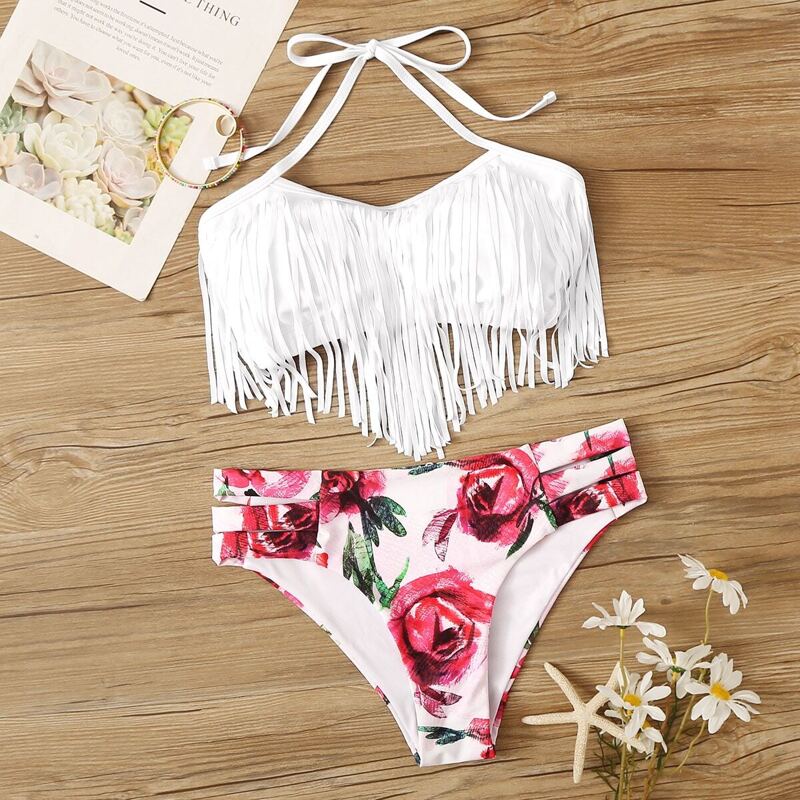 

Fringe Halter Top With Random Floral Bikini Set, Multicolor