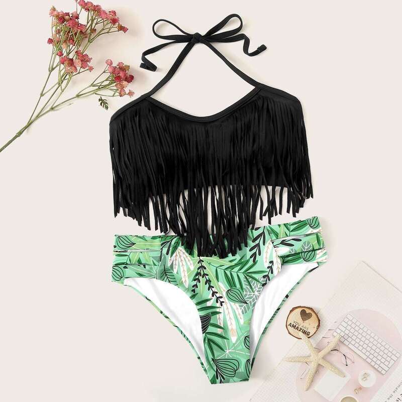 

Fringe Halter Top With Random Leaf Print Bikini Set, Multicolor