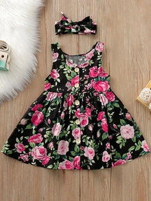 Toddler Girls Floral Print Button Front Dress With Headband - Multicolor - View 1