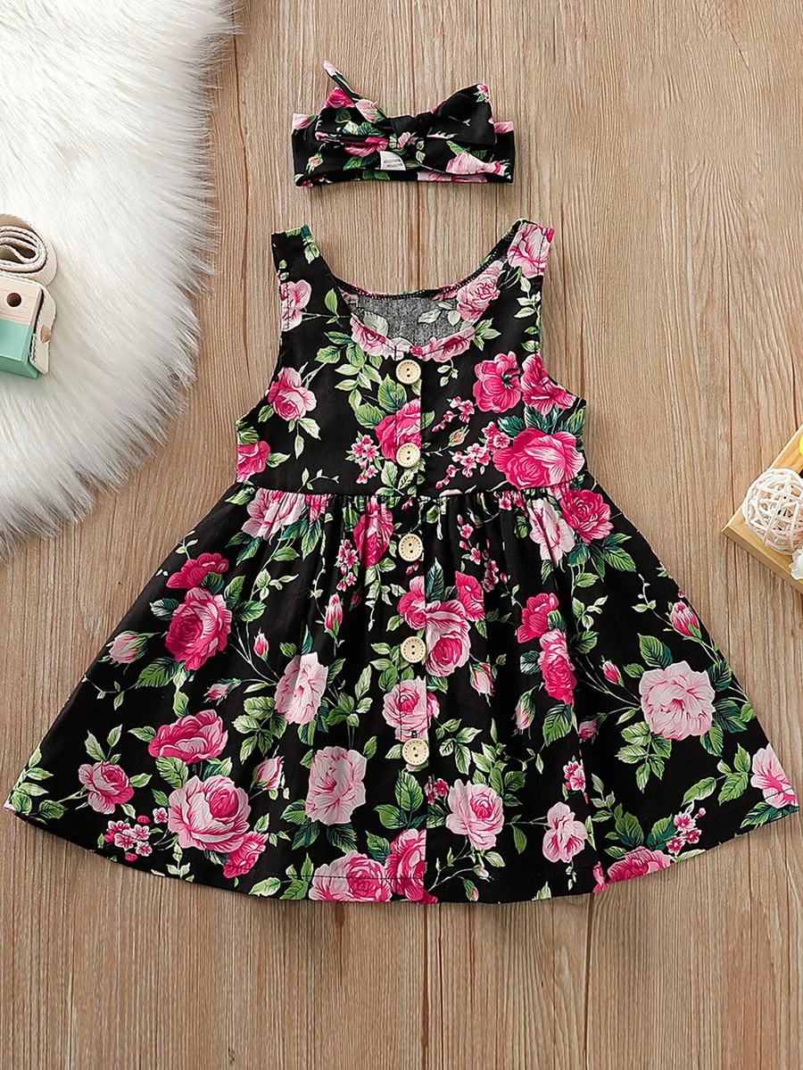 Toddler Girls Floral Print Button Front Dress With Headband - Multicolor - View 1