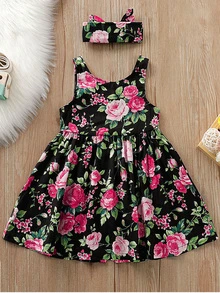 Toddler Girls Floral Print Button Front Dress With Headband - Multicolor - View 2