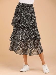 SHEIN LUNE Splodge Print Tiered Layer Skirt - Black and White - View 4