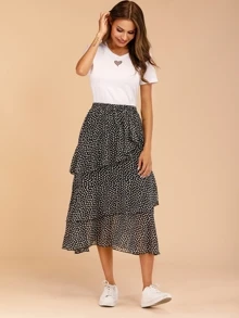 SHEIN LUNE Splodge Print Tiered Layer Skirt - Black and White - View 6