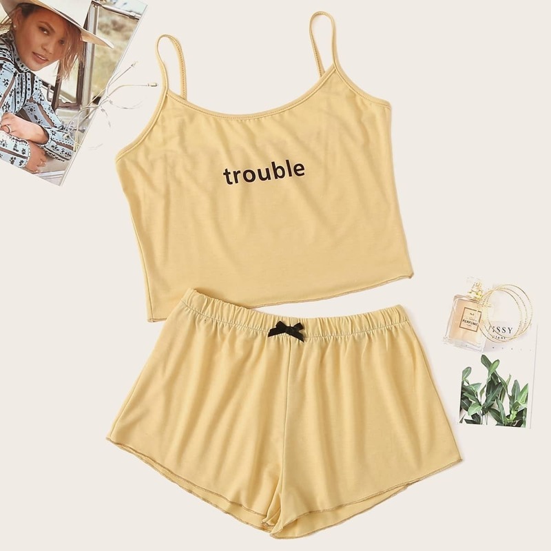 

Letter Print Cami Pajama Set, Yellow pastel
