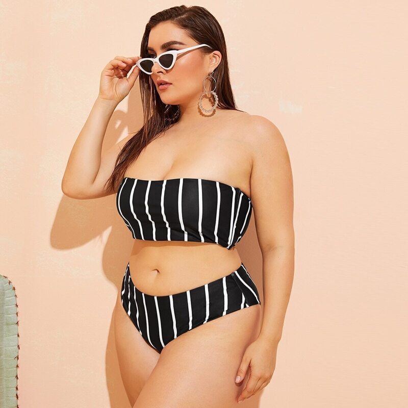 

Plus Striped Bandeau With High Cut Bikini, Black and white
