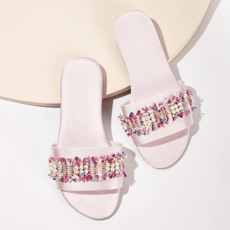 

Open Toe Faux Pearl Decor Sliders, Pink