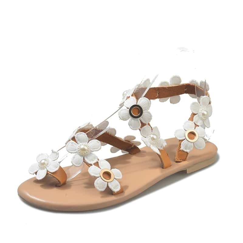 

Floral Decor Toe Ring Sandals, White
