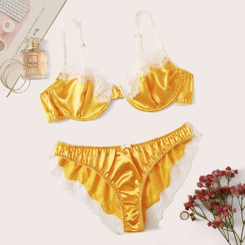 

Lace Trim Underwire Satin Lingerie Set, Yellow
