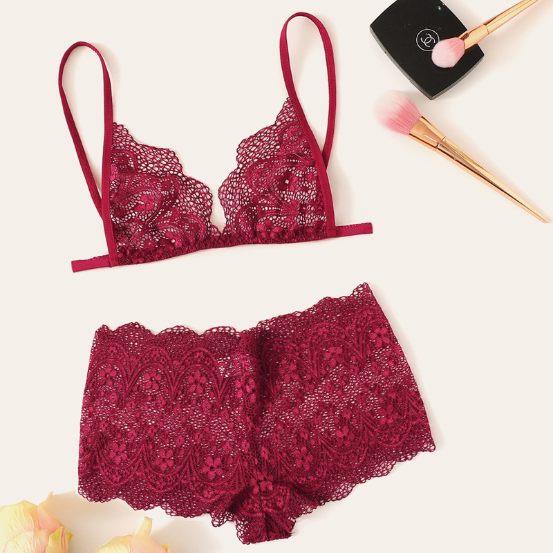 

Floral Lace Cutout Lingerie Set, Burgundy