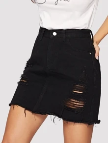 SHEIN Distressed Frayed Denim Mini Skirt - Black - View 4