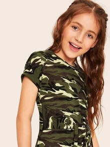 SHEIN 女孩繫帶腰迷彩tee洋裝 - 彩色 - 查看 3