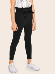 SHEIN Girls Paperbag Waist Skinny Trousers - Black - View 4