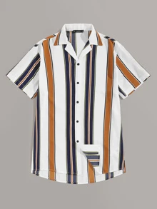 GENTILAND 男士西裝領拼色條紋襯衫 - 彩色 - 查看 1