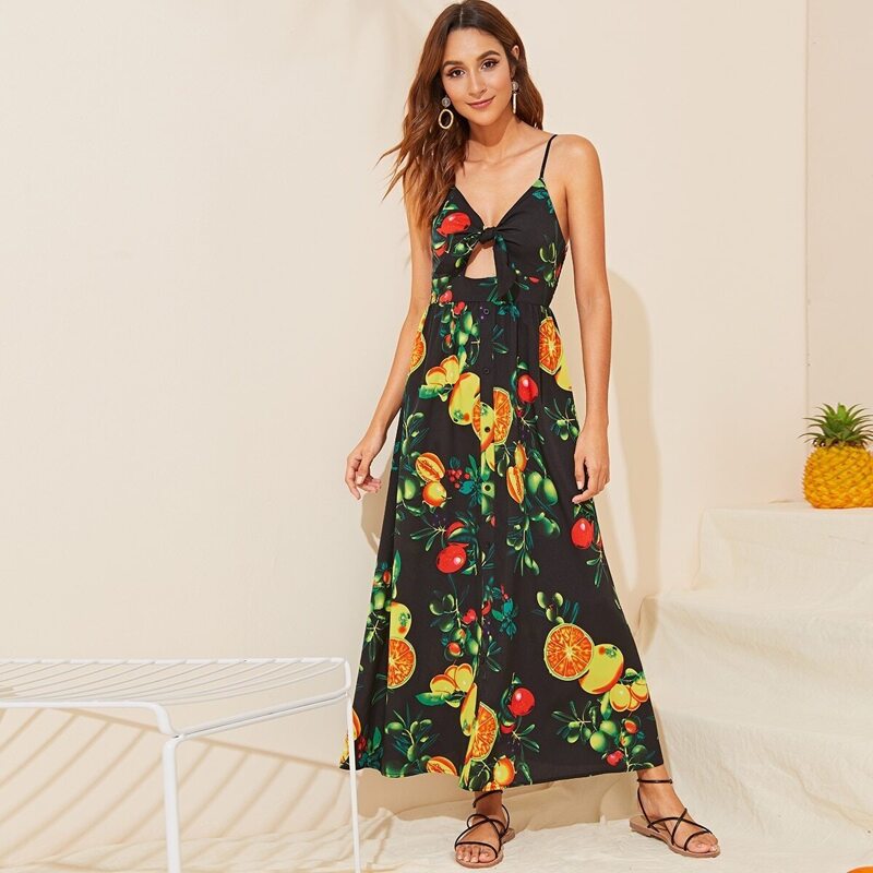

Knotted Front Peekaboo Fruit Print Maxi Slip Dress, Multicolor