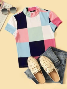SHEIN Camiseta con retazo de color block de cuello alto - Multicolor - Ver 1