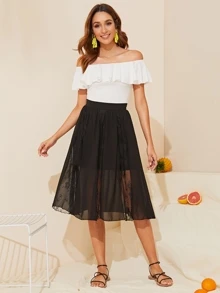 SHEIN 荷葉邊一字肩合身上衣 - 白色 - 查看 3