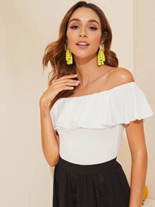 SHEIN 荷葉邊一字肩合身上衣 - 白色 - 查看 4