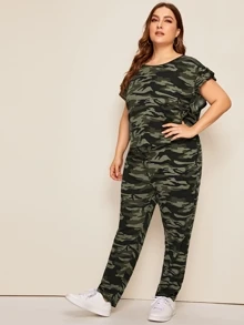 SHEIN 大碼荷葉邊袖迷彩上衣和褲子套裝 - 彩色 - 查看 4