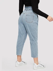 SHEIN 大碼荷葉邊腰短版牛仔褲 - 淺色水洗藍 - 查看 2