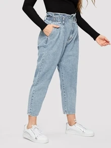 SHEIN 大碼荷葉邊腰短版牛仔褲 - 淺色水洗藍 - 查看 4