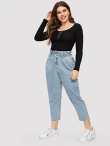 SHEIN 大碼荷葉邊腰短版牛仔褲 - 淺色水洗藍 - 查看 5