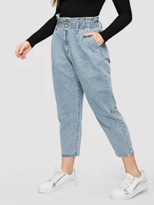 SHEIN 大碼荷葉邊腰短版牛仔褲 - 淺色水洗藍 - 查看 1