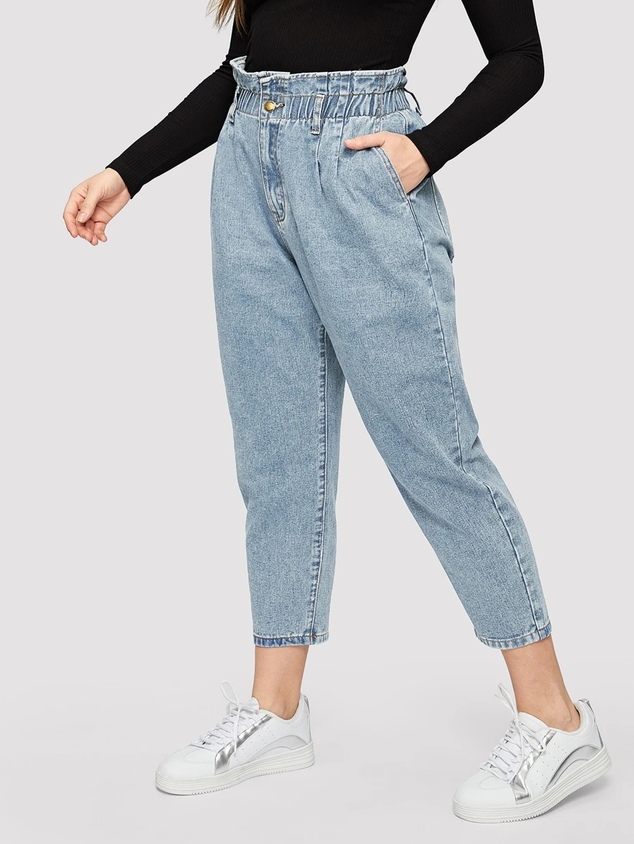 SHEIN 大碼荷葉邊腰短版牛仔褲 - 淺色水洗藍 - 查看 1