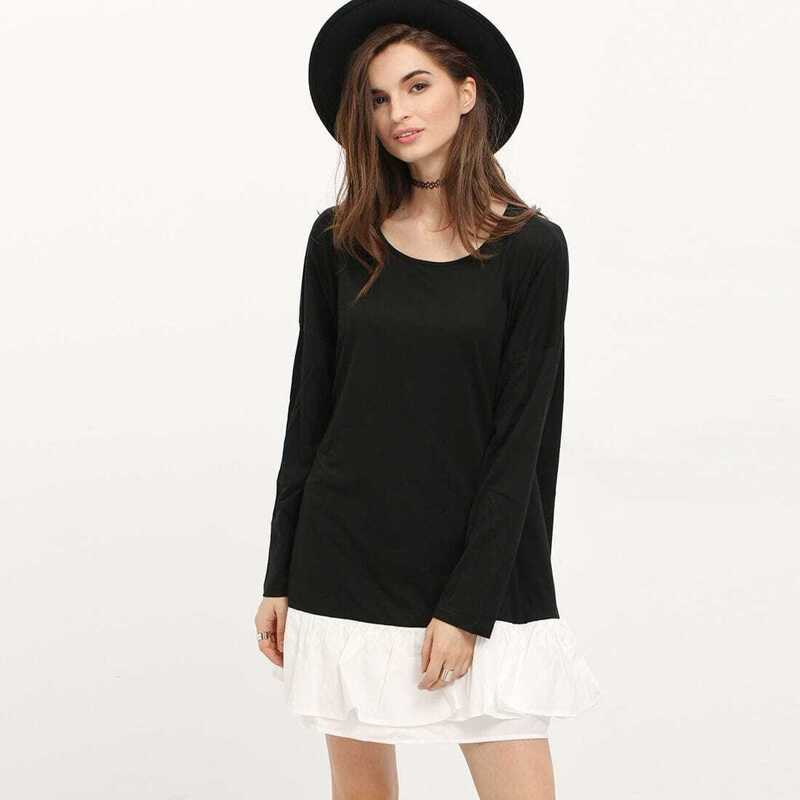 

Contrast Ruffle Hem Dress, Black