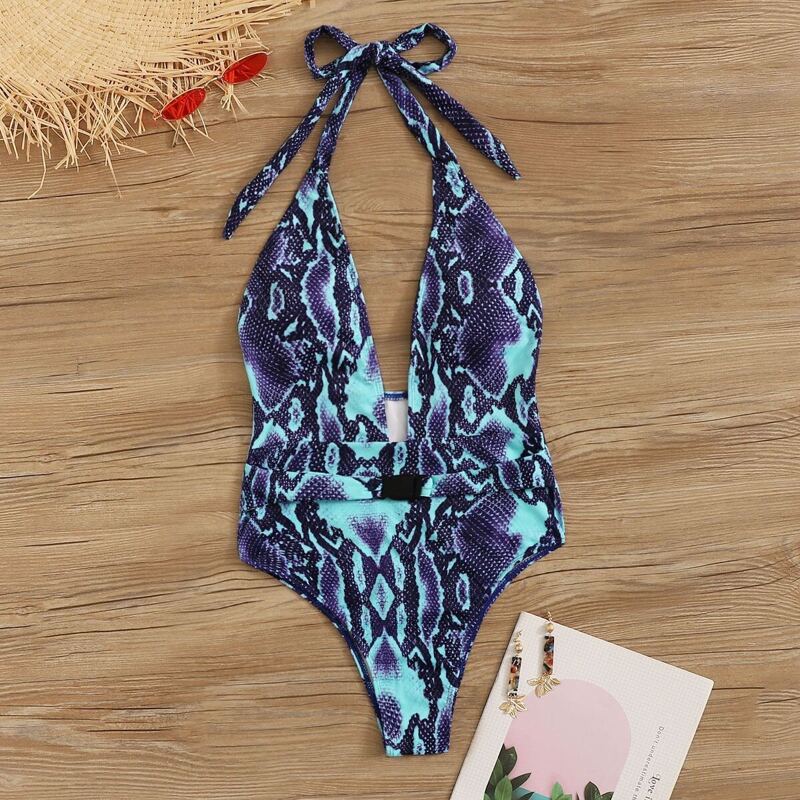 

Plunging Neck Halter Snakeskin One Piece Swimsuit, Multicolor bright
