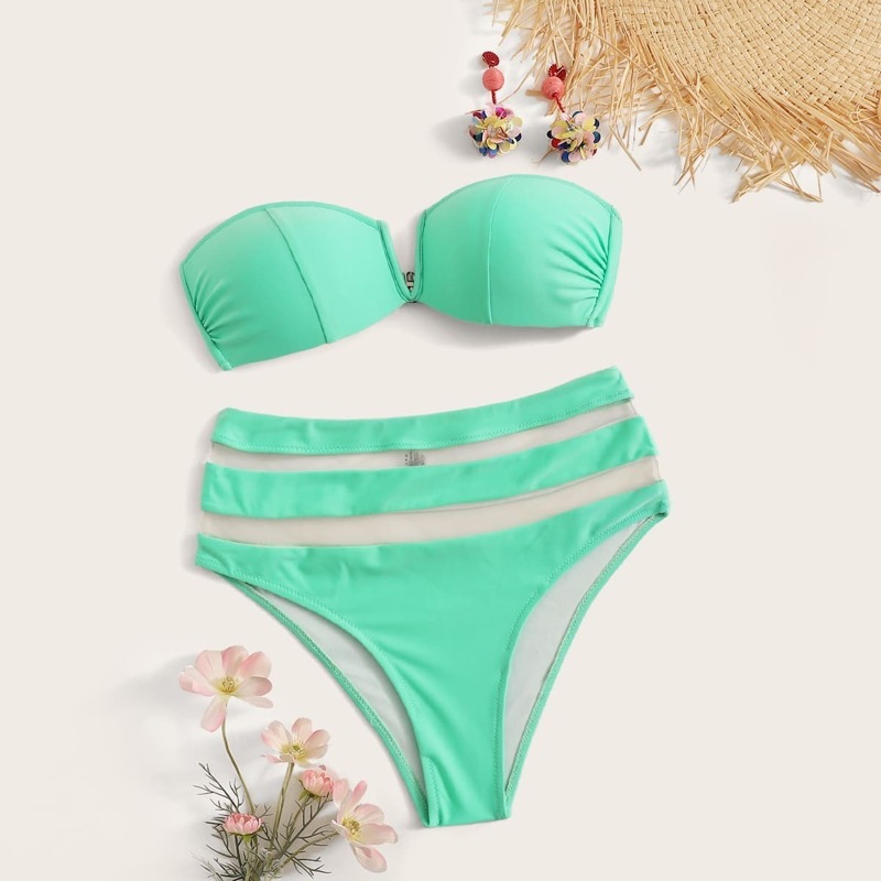 

Seam Bandeau With Mesh Panel High Waist Bikini, Green bright