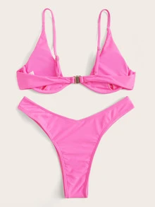 Underwire High Leg Bikini Set Summer Beach - Pink - View 2