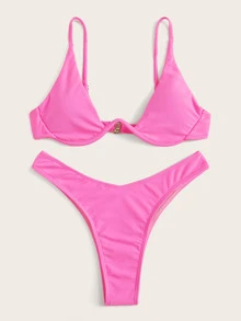 Underwire High Leg Bikini Set Summer Beach - Pink - View 3