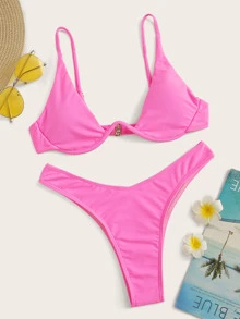 Underwire High Leg Bikini Set Summer Beach - Pink - View 1