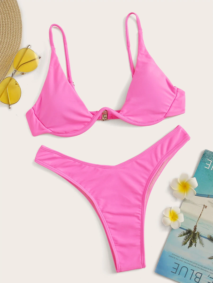 Underwire High Leg Bikini Set Summer Beach - Pink - View 1