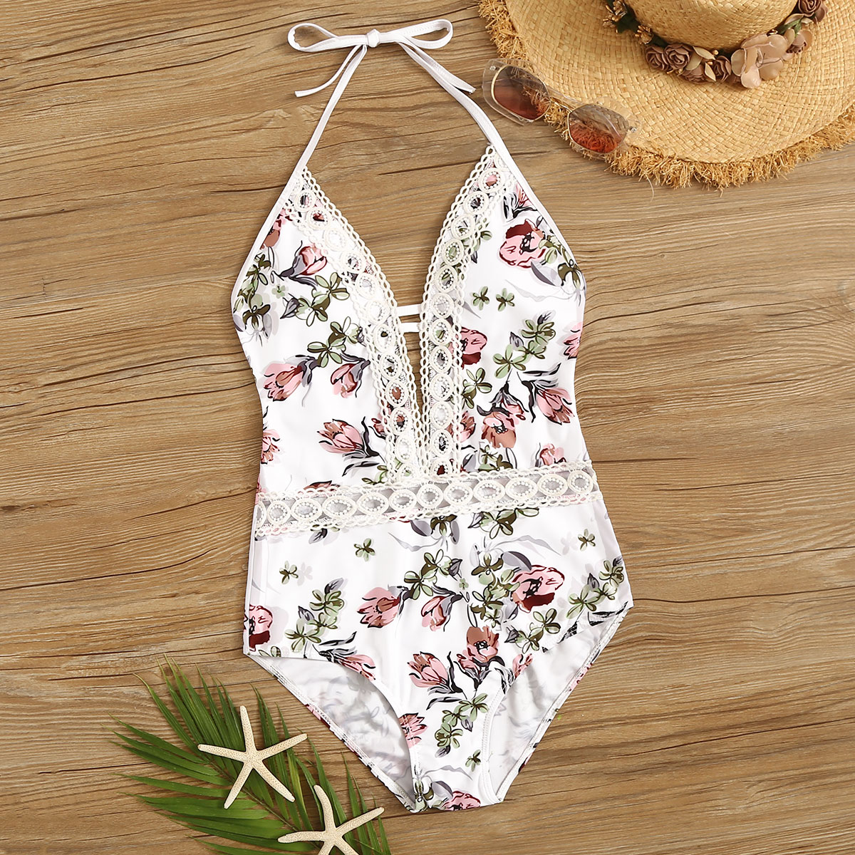 Crochet Lace Trim Floral One Piece Swimsuit